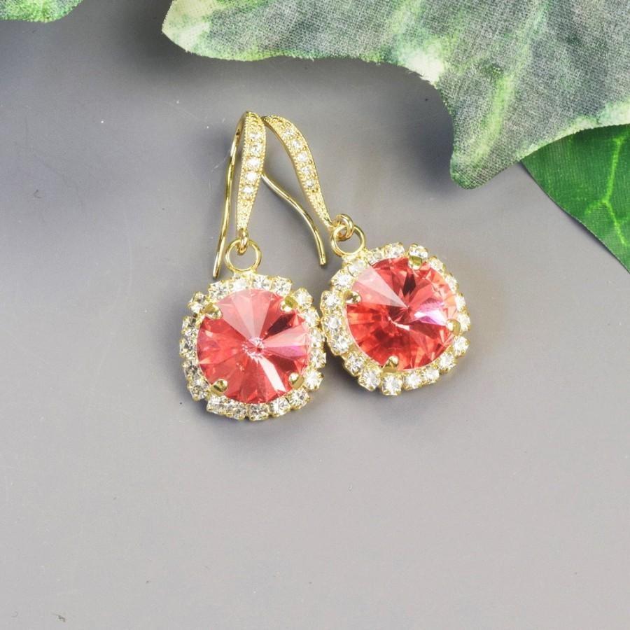 Hochzeit - Swarovski Earrings - Coral Earrings - Gold Drop Earrings - Bridesmaids Earrings - Bridesmaid Jewelry - Swarovski Jewelry - Bridal Jewelry