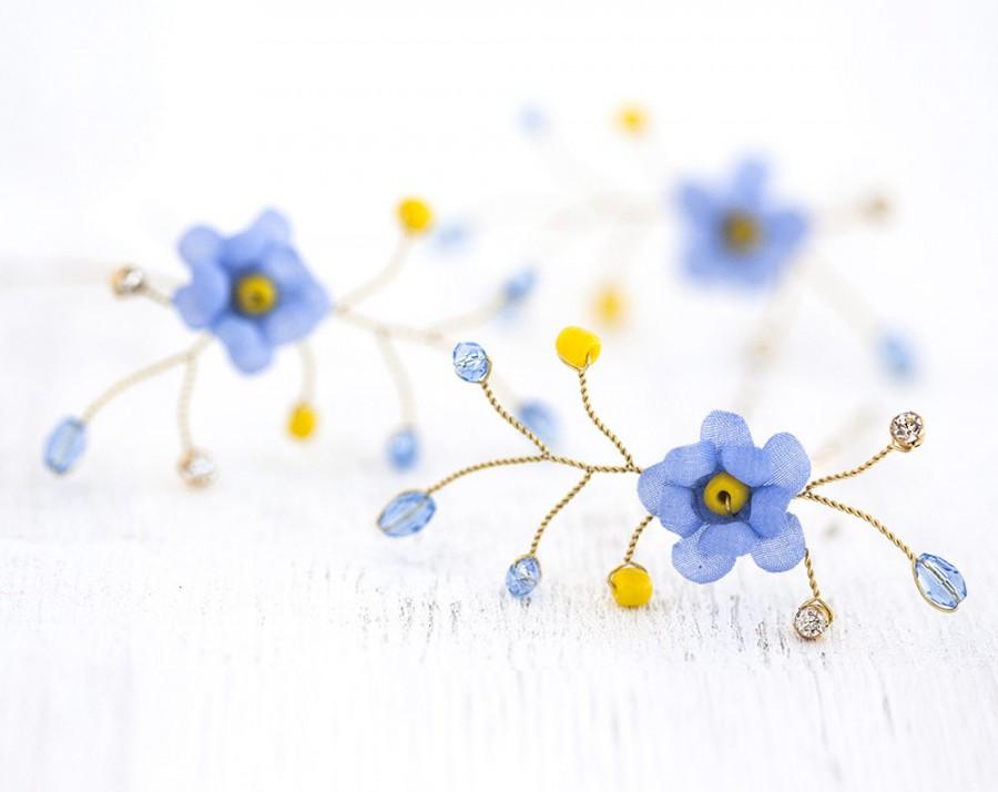 Wedding - 841_Gold hair pins, Blue flower pins, Bridal hair flowers, Forget-me-not hair accessories, Floral pins, Hair pins flowers, Hair flowers silk