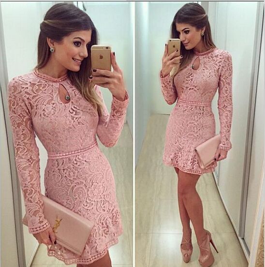 Wedding - Lace Hollow Out Long Sleeves Mini Party Dress