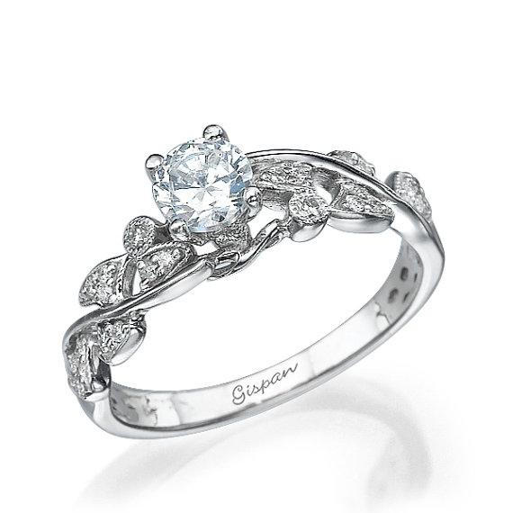 Hochzeit - Moissanite Ring White Gold Engagement Ring Alternative Ring Diamond Ring Leaf Ring Unique engagement ring Forever Brilliant Art Deco Ring