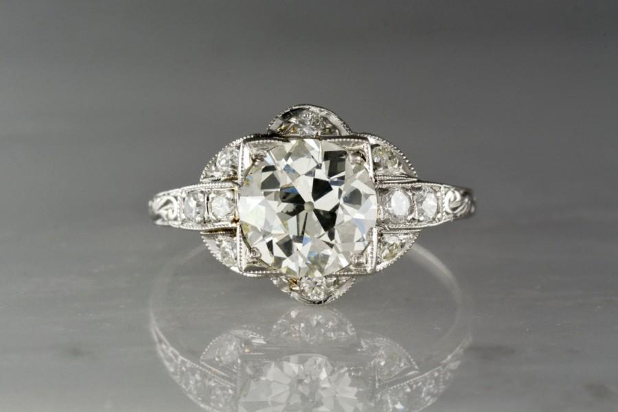 زفاف - Antique 2.47 Carat Old European Cut Diamond in Platinum Art Deco / Edwardian Engagement Ring with .40ctw Diamond Accents R123