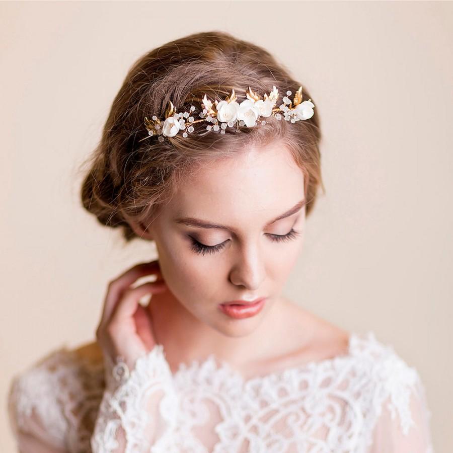 Hochzeit - Bridal Tiara - Wedding Gold Tiara - Bridal Headpiece - Vine Leaves and Apple Blossom Headband - Wedding Crown