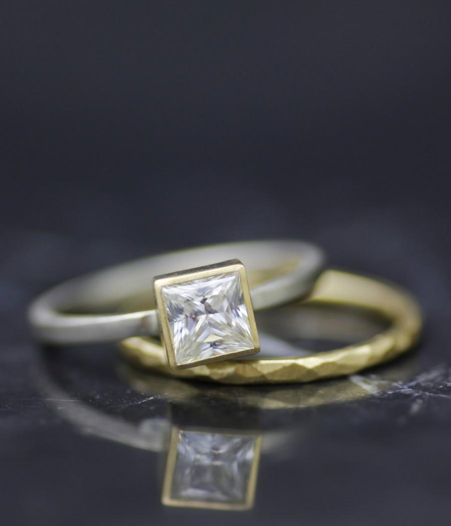 Свадьба - women's unique engagement ring, square moissanite skinny wedding band set, princess diamond alternative 18K gold, recycled conflict free