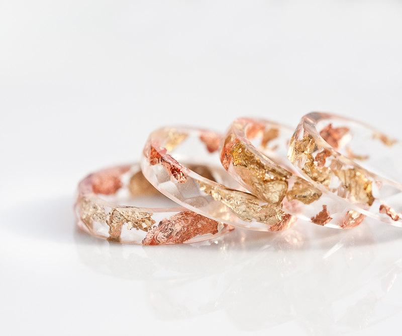 Wedding - Resin Stacking Ring Yellow Rose Gold Flakes Small Faceted Ring OOAK boho minimalist jewelry
