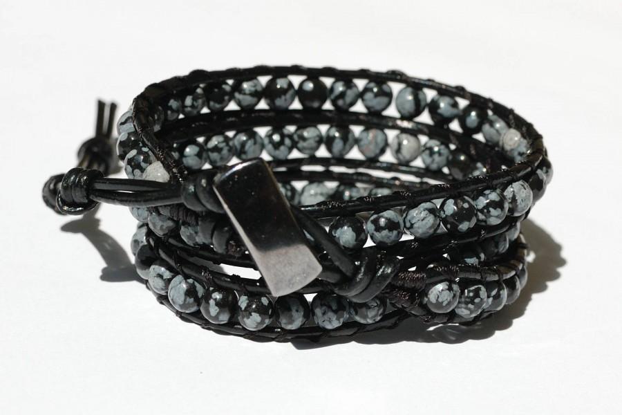 Hochzeit - Boyfriend gift for mens bracelet gift for him Mens Leather bracelet Leather Wrap Bracelet Obsidian Bracelet Natural stone Bracelet for him