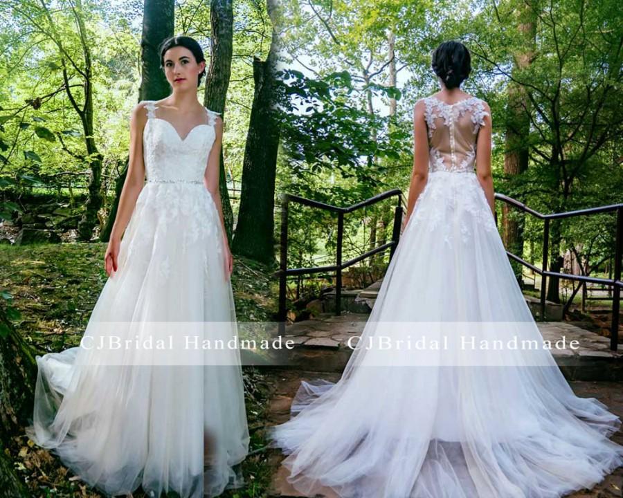 Wedding - Ivory Sexy See Through Lace Appliqué Back with Buttons Sweetheart Neck Crystal Belt Tulle Chapel Train A Line Wedding Dress Bridal Gown