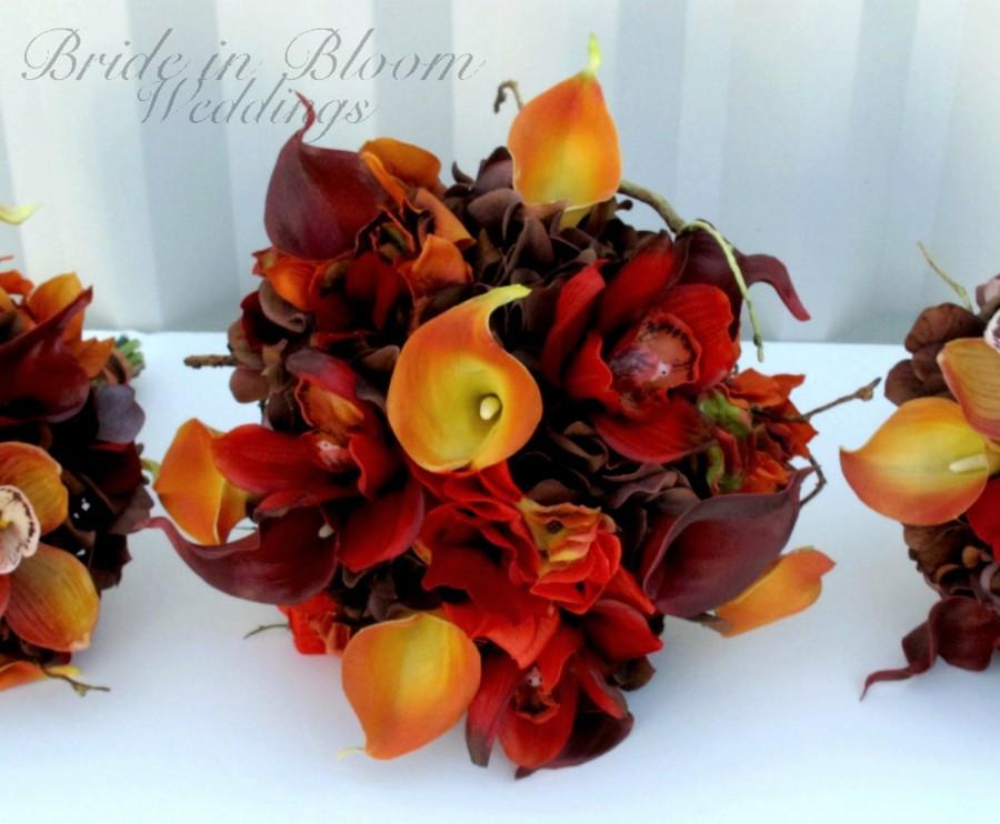 Wedding - Fall wedding bouquet set, Autumn wedding flowers - Red orange and brown Bridesmaid bouquets, Boutonnieres