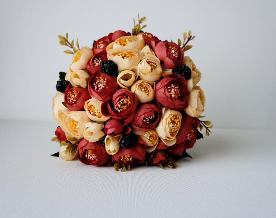 Wedding - Bridal Bouquet, Red and Champagne Ranunculus, Silk Wedding Flowers, Vintage Wedding, Rustic Wedding, Shabby Chic Wedding, Bride, Bridesmade