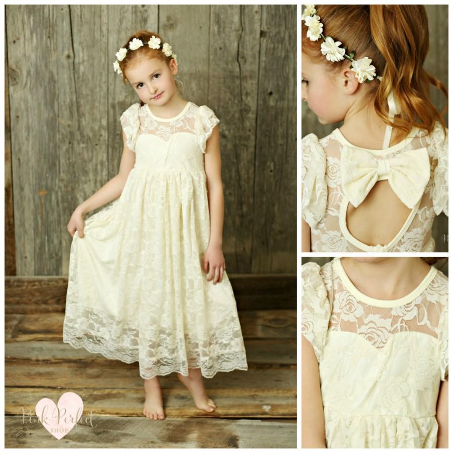 Mariage - Flower Girl Dress, lace girl dress, rustic flower girl dress, flower girl lace dresses, country lace dress, ivory lace dress, Girls dresses