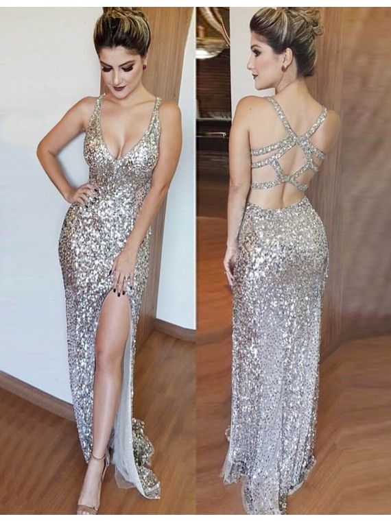 زفاف - Sheath V-neck Open Back Split Floor-Length Silver Sequined Prom Dress