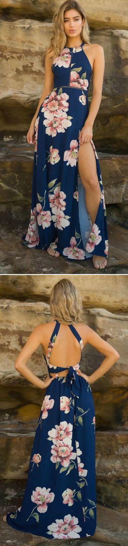 زفاف - Bohemian Halter Backless Floral Printed Split Maxi Dress