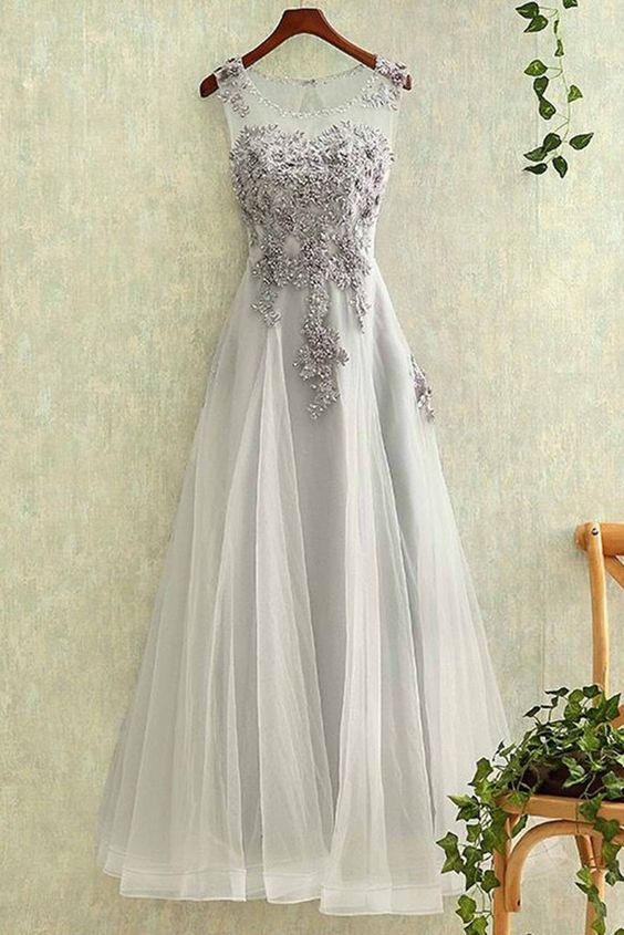 Wedding - Appliqued Gray Tulle Modest Prom Dr