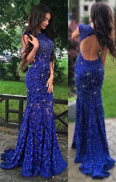 Wedding - Royal Blue Jewel Sweep Train Lace Backless Mermaid Prom Dress With Beading N36