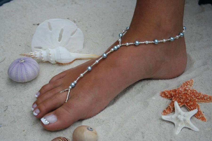 زفاف - Barefoot Sandal - Simply Elegant  White Pearls and Blue Pearls. Wedding shoes, Bridal Shoes, Beach Wedding Barefoot Sandals, Pearl Sandals