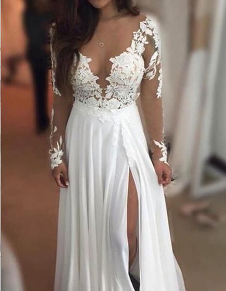 Mariage - Long Sleeve Lace Beach Wedding Dresses, 2017 See Through Chiffon Wedding Gown, Affordable Bridal Dresses, 17088
