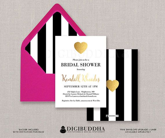 Hochzeit - Black & White Stripe Bridal Shower Invitation Gold Heart Modern Faux Foil Wedding Invite FREE PRIORITY SHIPPING Or DiY Printable- Kendall