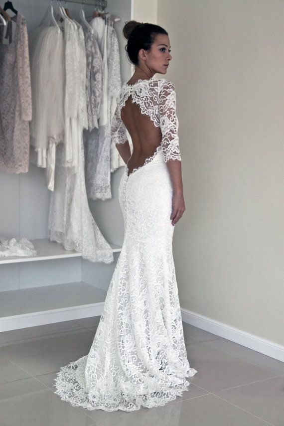 Wedding - Keyhole Back Wedding Dress In Corded French Lace, Illusion Neckline Lace Dress, Trumpet Wedding Dress With Sleeves