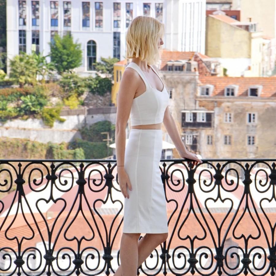 Wedding - Kirsten Casual Wedding Jersey Two Piece Dress. Elegant White Set with Sweetheart Cropped Bralet and Fitted Knee Length Pencil Skirt