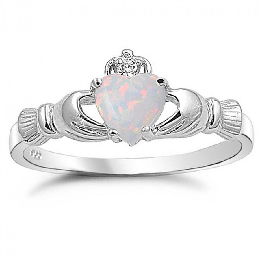 زفاف - Sterling Silver Lab Opal Claddagh Ring, Personalized Birthstone Claddagh Ring, Traditional Irish Claddagh Ring,Love Loyalty Friendship Ring
