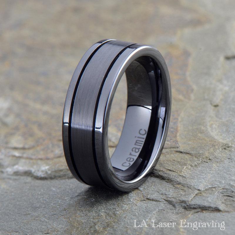 زفاف - Black Ceramic Wedding Ring, Grooved, Pipe Cut, Brushed, Polished, Mens Womens Ceramic Band,Black Wedding Band, Black Wedding Ring
