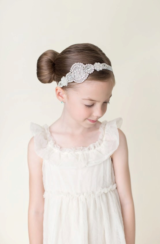 Hochzeit - Flower girl headband, crystal headband, rhinestone headband, silver headband, Ivory lace headband, bling headpiece, baby girl headband