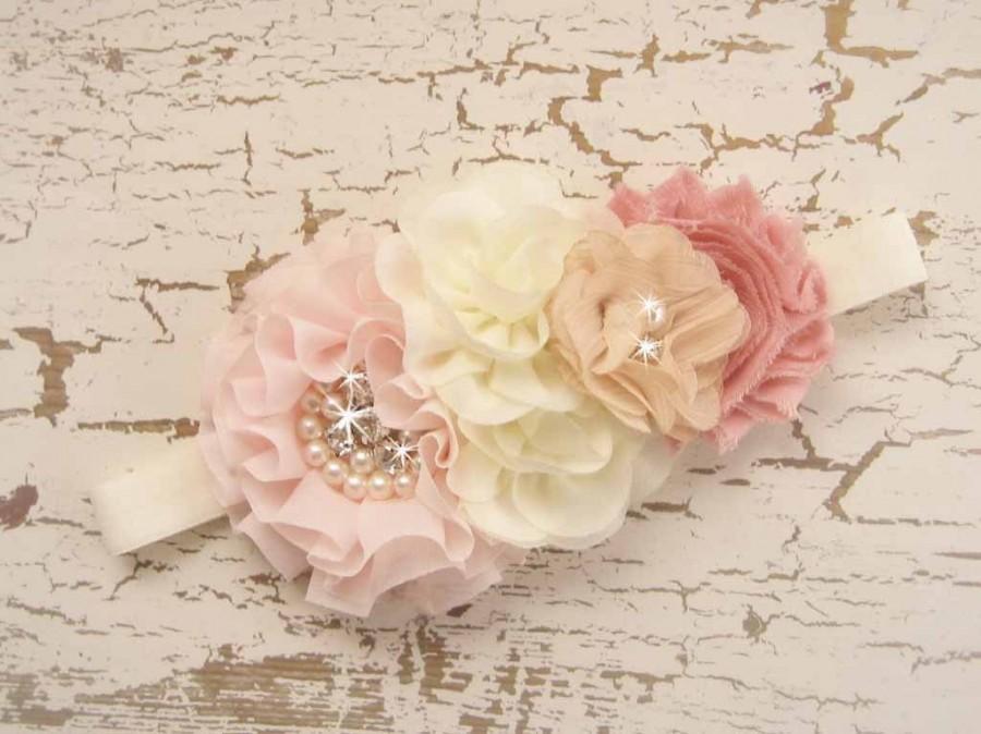 Wedding - Flower Girl Hair Clip Headband Vintage Blush Rose Flower Girl Headband, Matching to Flower Girl Basket Set