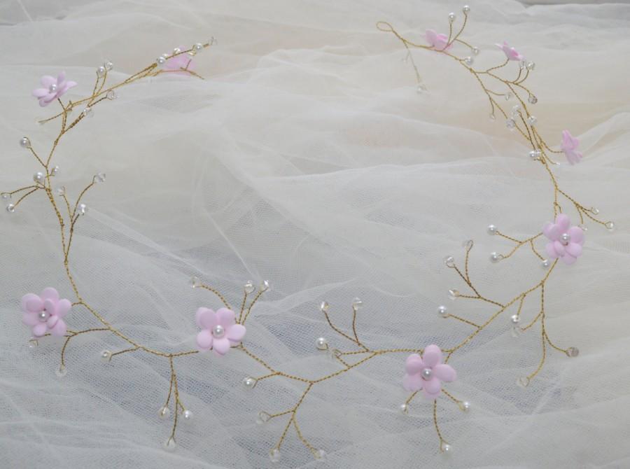 Свадьба - Bridal hair vine Crystal hair piece  pink flower crown wedding headpiece flower crown bridal headband Bridal hair piece pearls head wreath