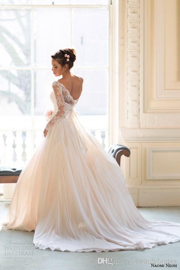 زفاف - 2014 Fall/Winter Long Sleeves Gorgeous Lace Wedding Dresses Sweep Train Backless Bridal Gowns With Bow 0611B
