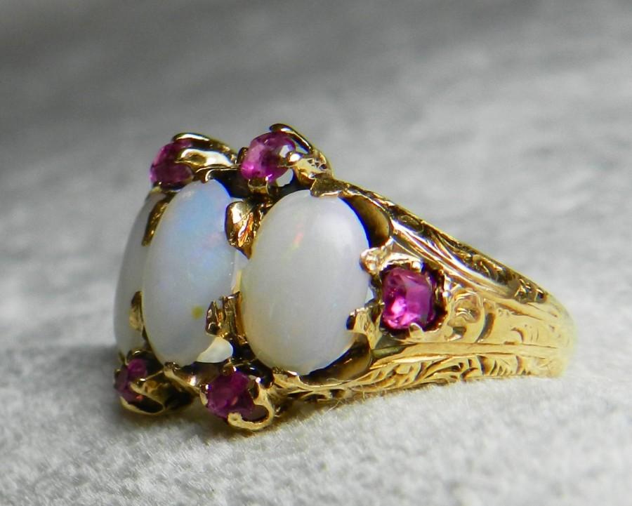 Hochzeit - Opal Ring 22K Antique Opal Engagement Ring Georgian Ring Victorian Three Stone Opal Ring Cushion Cut Pink Sapphire Etched Sugarloaf Cut