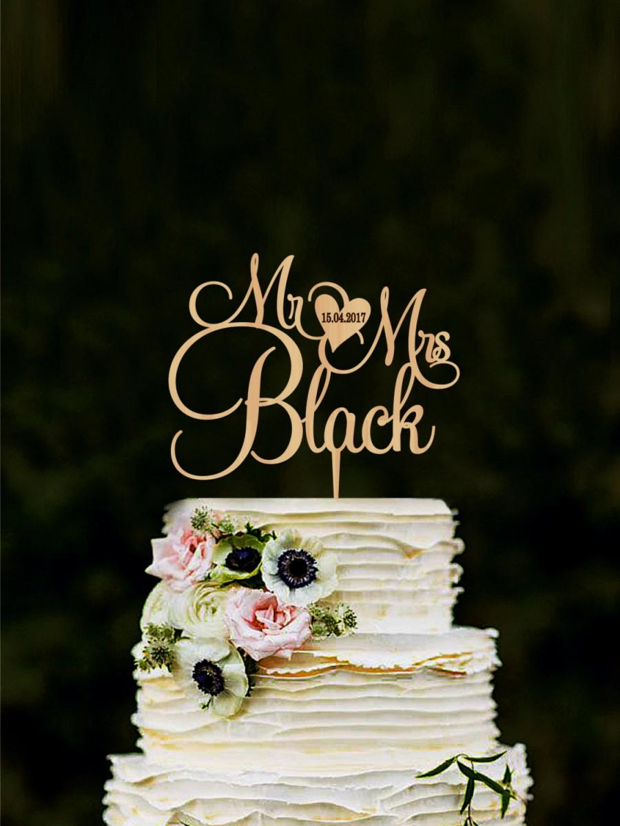 زفاف - Custom cake topper for wedding, Personalized mr and mrs cake topper with heart and wedding date, Rustic cake topper, gold cake topper