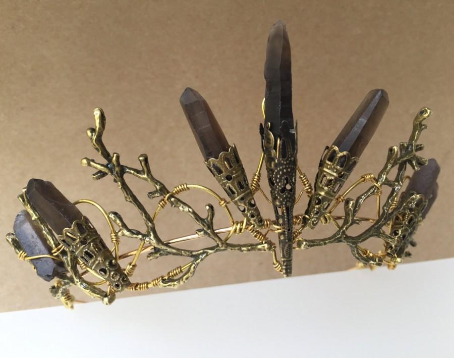 Свадьба - The THEODORA Crown - Smoky Quartz Raw Crystal and Aged Copper Branch Twig - Ethereal Natural Crown.