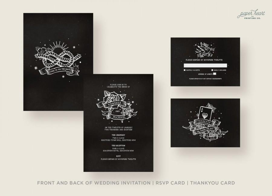 زفاف - Black Wedding Invitations, Vintage Black and White, Retro Tattoo Rockabilly Rock n Roll. Customised, printable pdf. Digital file only.