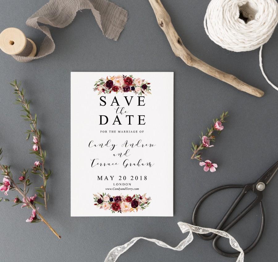 Mariage - Save the date Template printable, Save the date postcard Template, Marsala Save the date, Burgundy Save the date postcard Template, FL16