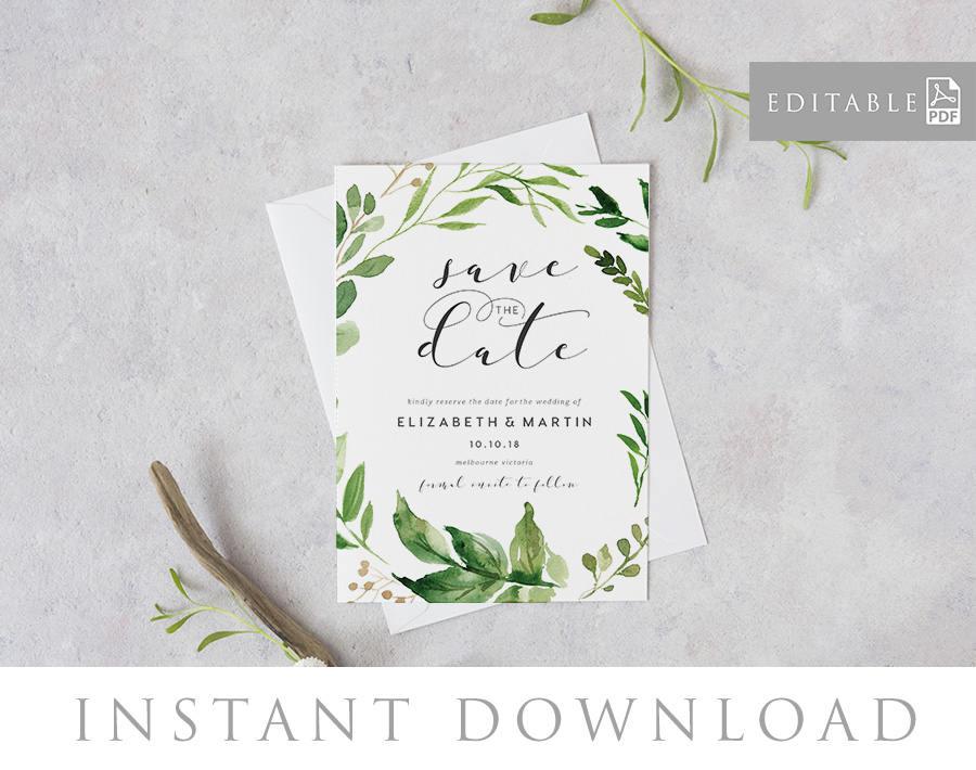 Mariage - Save the Date Editable pdf Template, INSTANT DOWNLOAD, Green leaves invitation, Printable Wedding invite, pdf, Digital file - Woodland