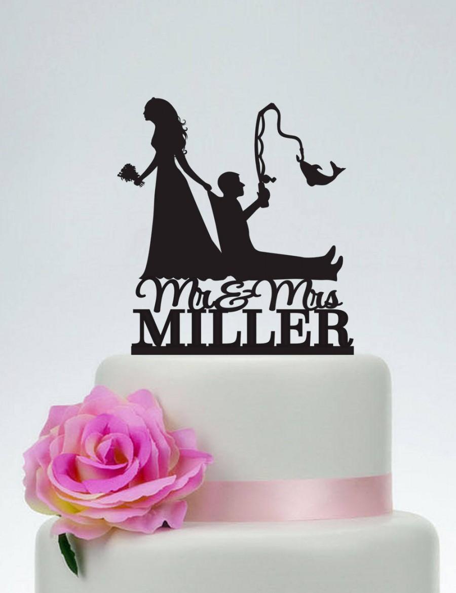 Wedding - Bride Pulling Groom, Bride Dragging Groom, Funny Cake Topper, Custom Fishing Cake Topper,Mr and Mrs Cake Topper, Outdoor Wedding, C191