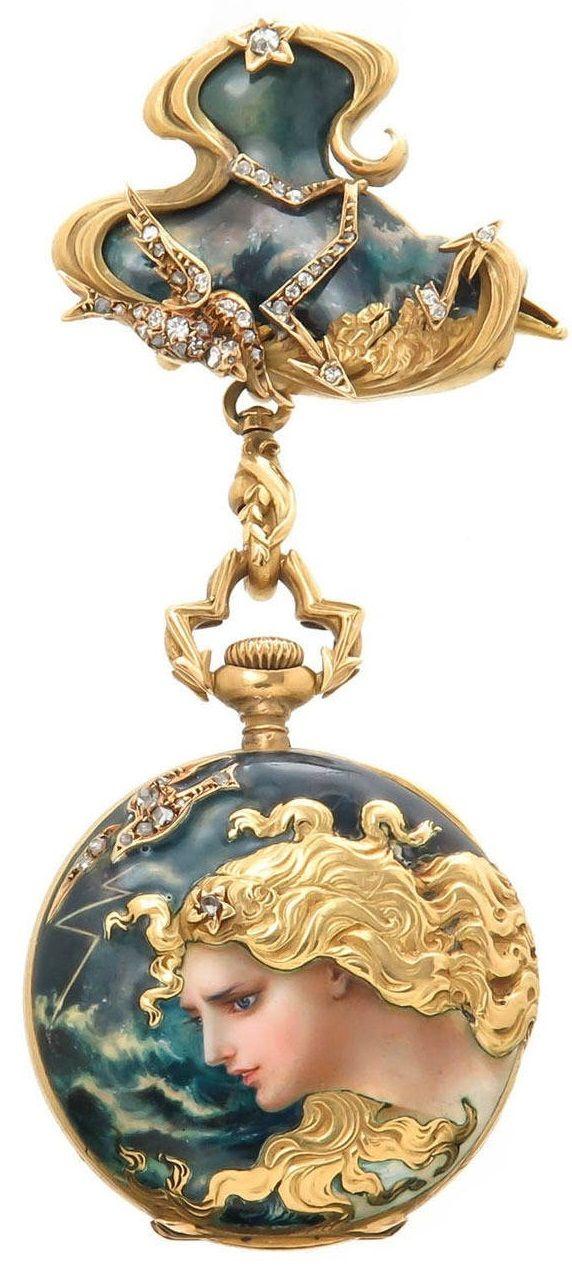 Hochzeit - Haas Neveux Yellow Gold Enamel And Diamond Set Porcelain Dial Lapel Watch