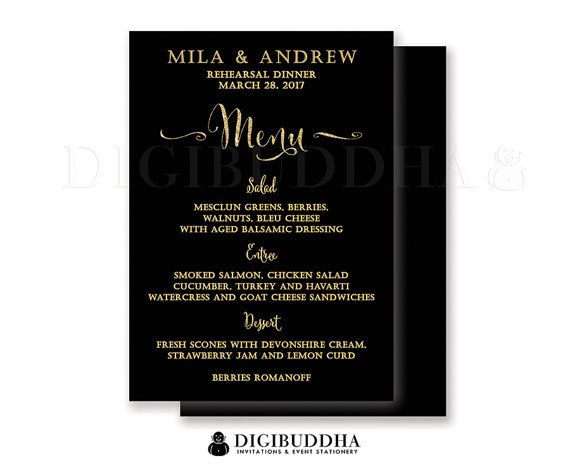 Hochzeit - REHEARSAL DINNER MENU Black   Gold Glitter Bridal Shower Bohemian Wedding Elegant Formal Hens Whimsical Modern Gatsby DiY Or Printed- Mila