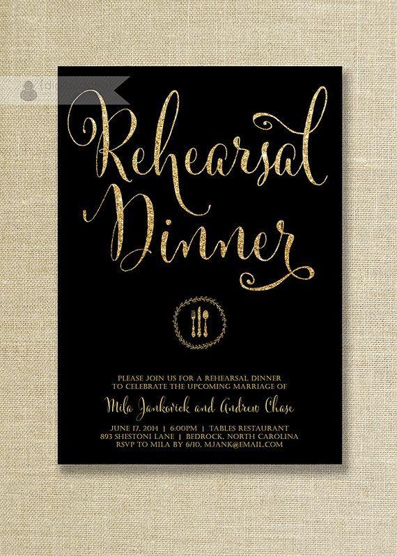 Mariage - Black & Gold Glitter Rehearsal Dinner Invitation Wedding Rehearsal Script Modern FREE PRIORITY SHIPPING Or DiY Printable - Mila