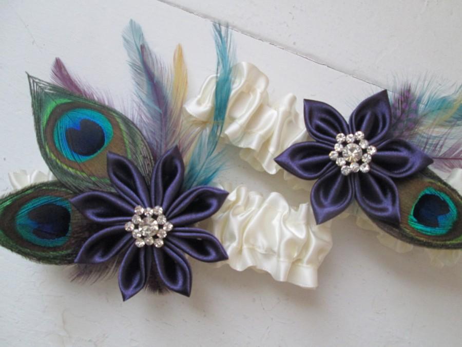 Wedding - Peacock WEDDING Garter Set, Plum Purple Garters, Lapis Purple Garter, Ivory & Purple Wedding Garters, Kanzashi Flower, Keep-Toss Garters