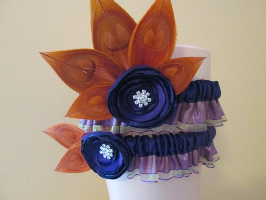 زفاف - Purple & Orange Wedding Garter Set, Orange Peacock Garter, Eggplant- Amethyst Garters, Orange Harvest-Fall- Halloween Masquerade Bride