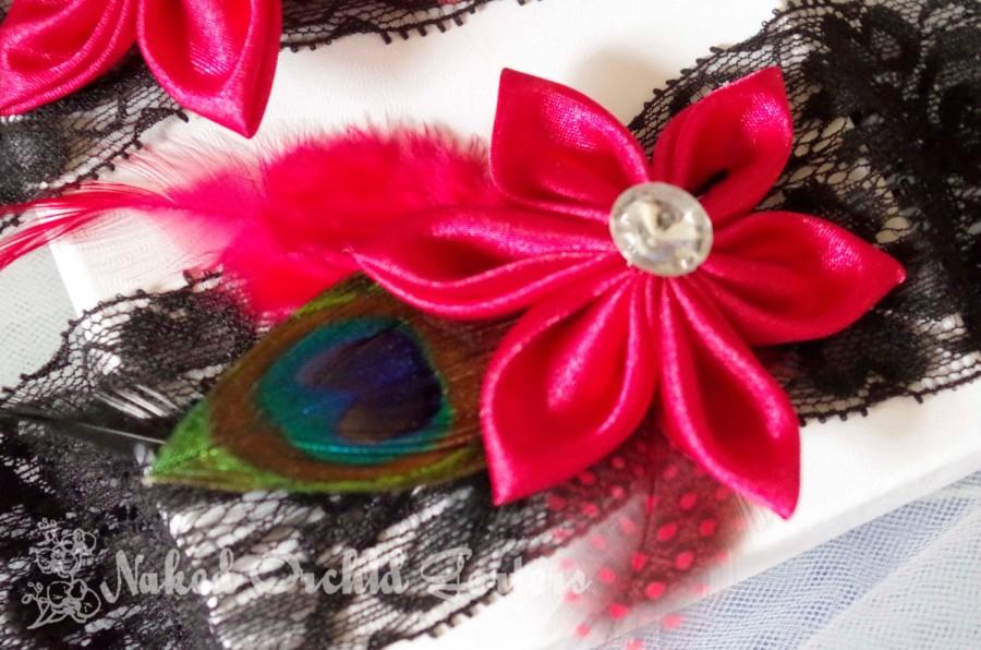 Hochzeit - Red Wedding Garter Set, Peacock Garters, Black Lace Garter for Vintage Circus- Bettie Page- Pinup Girl, Dance Costume