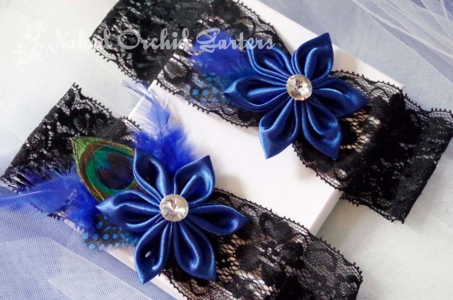 Wedding - Royal Blue Wedding Garter Set, Blue Prom 2017 Garter, Black Lace Garter, Bridal Kanzashi, Peacock Garter, Royal Blue Garter