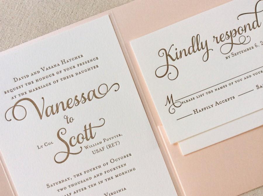 Mariage - The Tulip Suite - Classic Letterpress Wedding Invitation Sample Gold, Blush Shimmer pocket enclosure, Pink, Timeless, Traditional, Modern