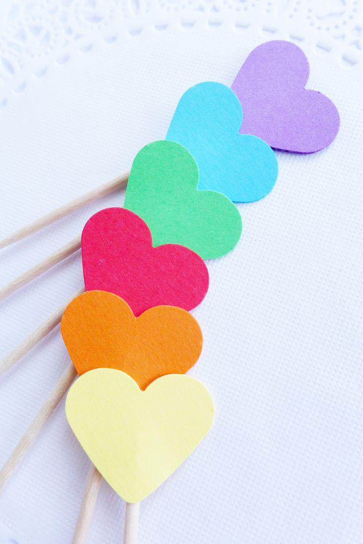 Hochzeit - Rainbow Cupcake Toppers, Heart Cupcake Toppers, Birthday Party Picks, Heart Toothpicks, Rainbox Baby Shower, Party Food Picks, Paper Hearts