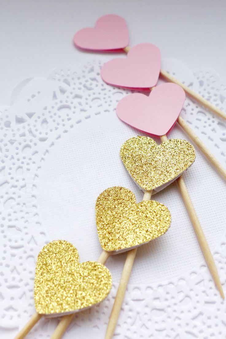 Hochzeit - Pink And Gold Cupcake Toppers, Baby Shower Party Picks, Heart Toothpicks, Birthday Party Food Picks, Paper Hearts