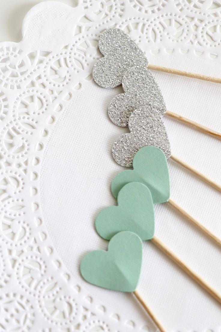 Hochzeit - Silver And Mint Cupcake Toppers, Baby Shower Party Picks, Heart Toothpicks, Birthday Party Food Picks, Mint Green Wedding
