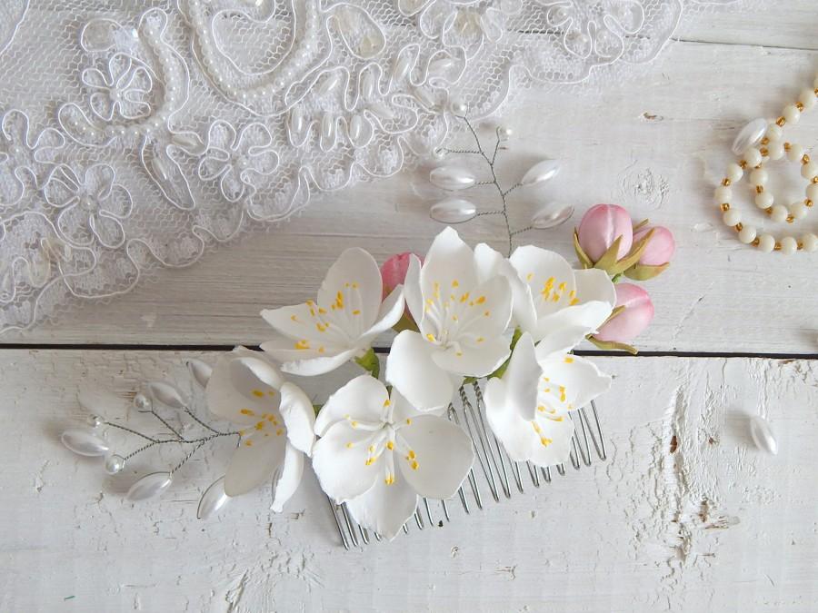 Floral Bridal Hair Comb White Apple Blossom Flowers Floral