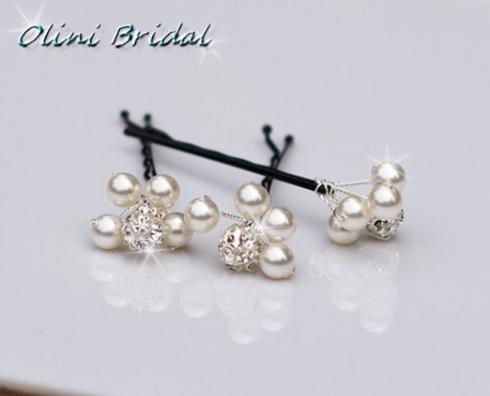 Wedding - Set Of 3 Bridal Swarovski Pearls And Rhinestones Bobby Pins In Silver