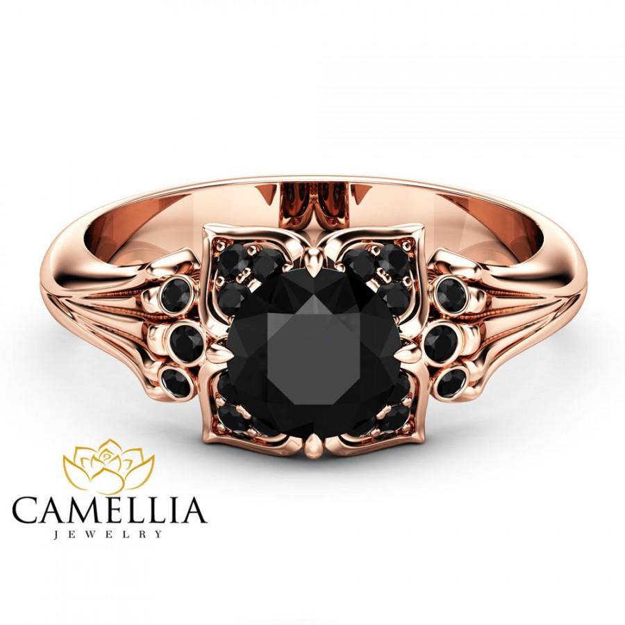 Свадьба - Black Diamond Modern Engagement Ring 14K Rose Gold Engagement Ring Black Diamond Leaf Ring