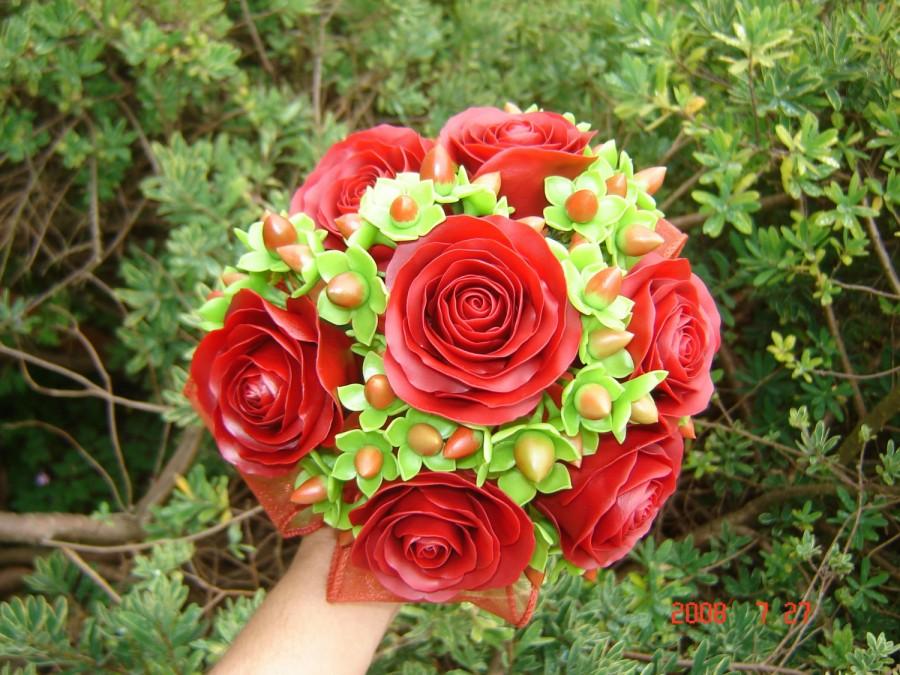 Wedding - Wedding Bouquet  Bridal Clay Red Rose and Hypericum Berries Bridal Bridesmaid Bouquet